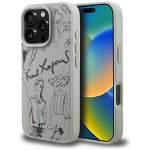 Karl Lagerfeld grūdėtas raštas ir logotipas MagSafe Dėklas, skirtas iPhone 16 Pro – pilkas