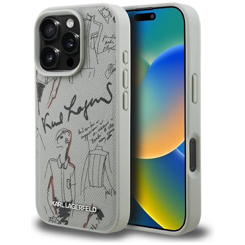 Karl Lagerfeld grūdėtas raštas ir logotipas MagSafe Dėklas, skirtas iPhone 16 Pro – pilkas