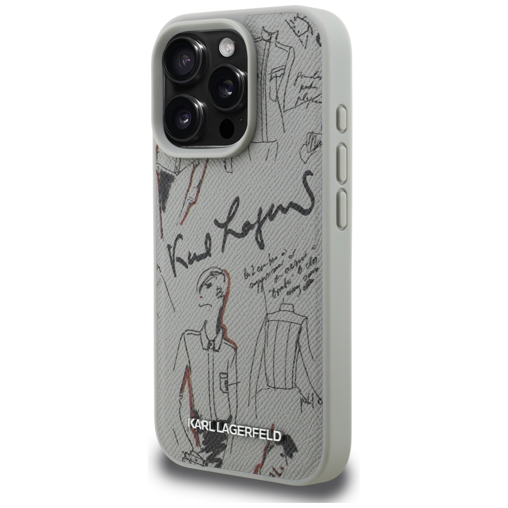 Karl Lagerfeld grūdėtas raštas ir logotipas MagSafe Dėklas, skirtas iPhone 16 Pro – pilkas
