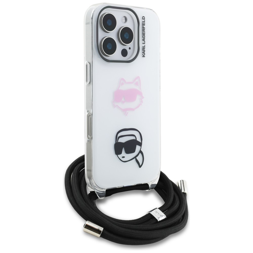 Karl Lagerfeld IML Crossbody Karl&Choupette galvos dėklas, skirtas iPhone 16 Pro – baltas