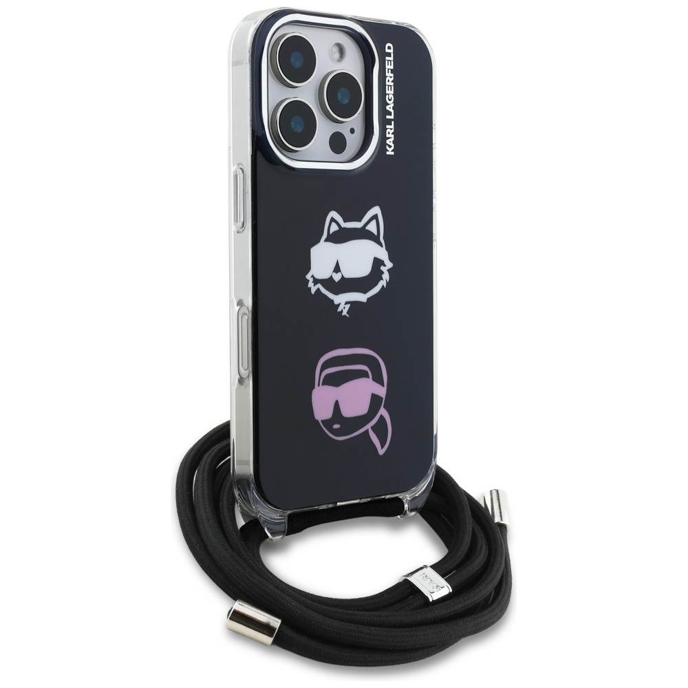 Karl Lagerfeld IML Crossbody Karl&Choupette galvos dėklas, skirtas iPhone 16 Pro – juodas