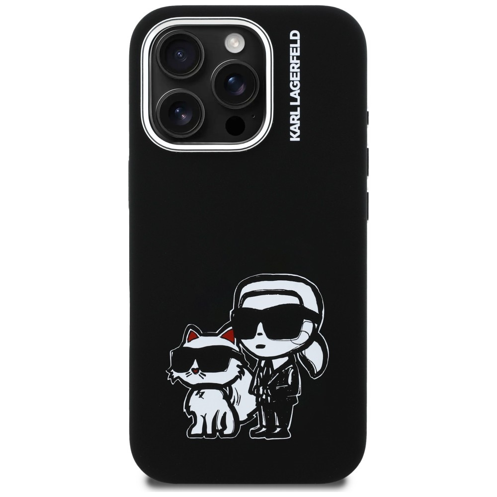 Karl Lagerfeld Silicone Karl&Choupette Sketch MagSafe Dėklas, skirtas iPhone 16 Pro – juodas
