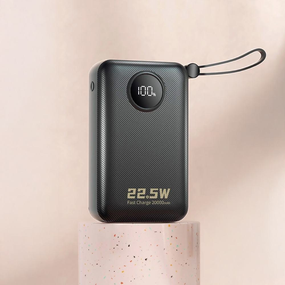 Dudao K14+ išorinė baterija 20000mAh 22.5W USB-C / USB-A / integruoti Lightning ir USB-C laidai - juoda