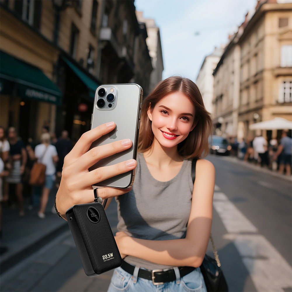 Dudao K14+ išorinė baterija 20000mAh 22.5W USB-C / USB-A / integruoti Lightning ir USB-C laidai - juoda