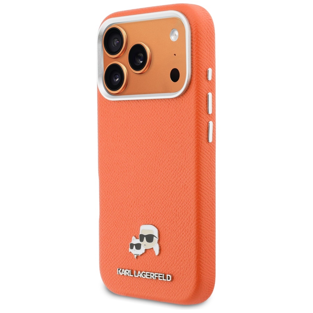 Karl Lagerfeld Karl & Choupette Head Pins Saffiano MagSafe dėklas iPhone 17 Pro Max - Oranžinis