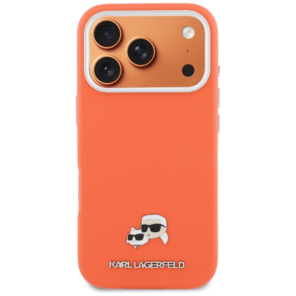 Karl Lagerfeld Karl & Choupette Head Pins Saffiano MagSafe dėklas iPhone 17 Pro Max - Oranžinis