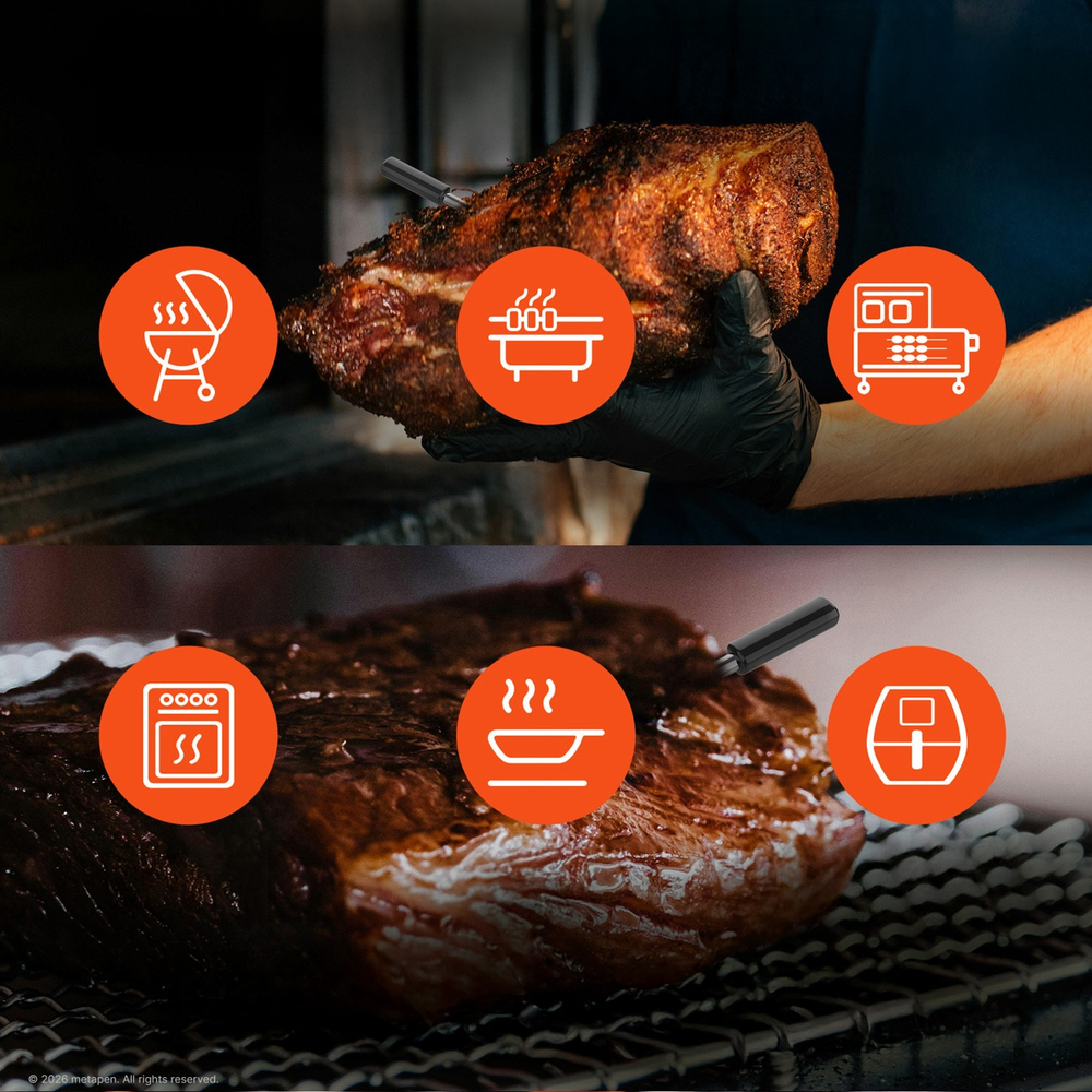 Meatmeet Pro išmanus virtuvės termometras su Bluetooth/WiFi programa, šildymo grilis, orkaitė, rūkytoja - juoda
