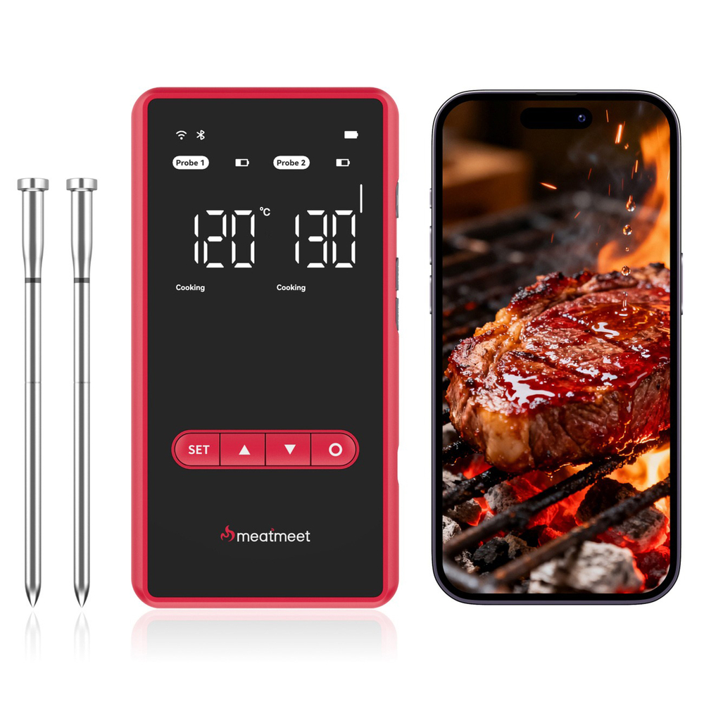 Meatmeet X Pro virtuvės termometras su Bluetooth/WiFi programa šildymui, orkaitei, rūkymo aparatui - juodas