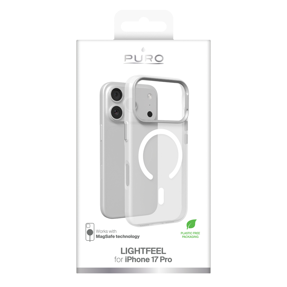Puro Lightfeel dėklas iPhone 17 Pro, suderinamas su MagSafe - skaidrus ir baltas