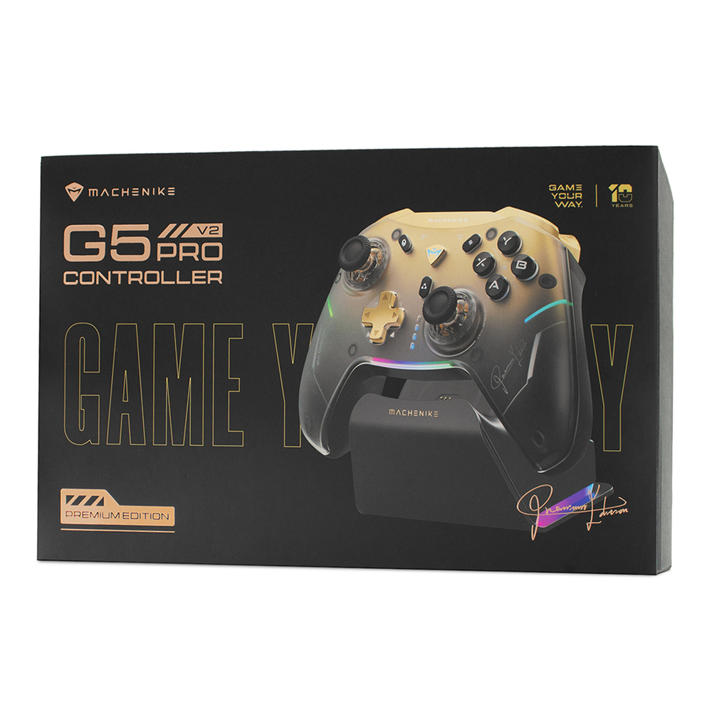 Machenike G5Pro Premium Edition belaidis žaidimų valdiklis su įkrovimo stotele – juodas ir auksinis
