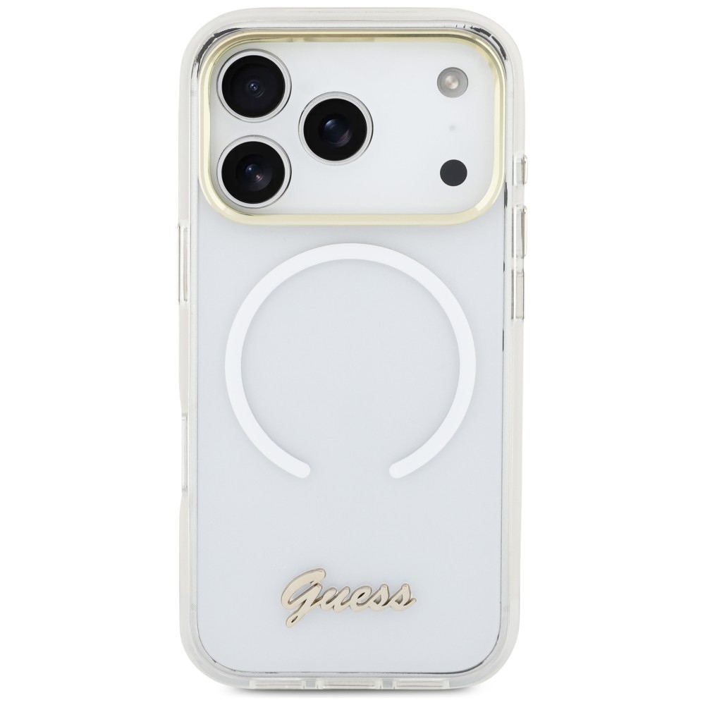 Guess IML Gradient Script Metal MagSafe Dėklas, skirtas iPhone 17 Pro Max - White