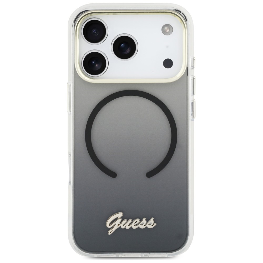 Guess IML Gradient Script Metal MagSafe Dėklas, skirtas iPhone 17 Pro Max - Black