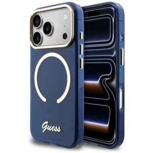 Guess IML Script Metal MagSafe Dėklas, skirtas iPhone 17 Pro - Blue