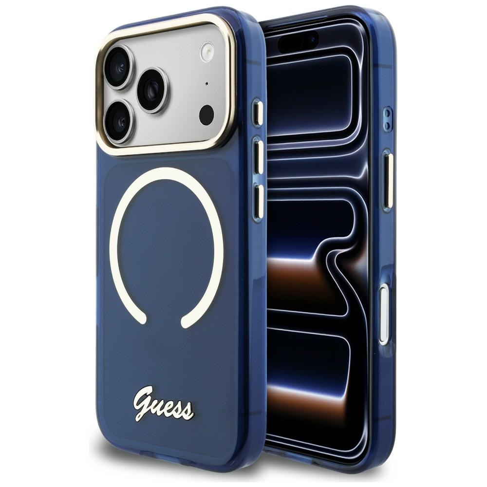 Guess IML Script Metal MagSafe Dėklas, skirtas iPhone 17 Pro - Blue