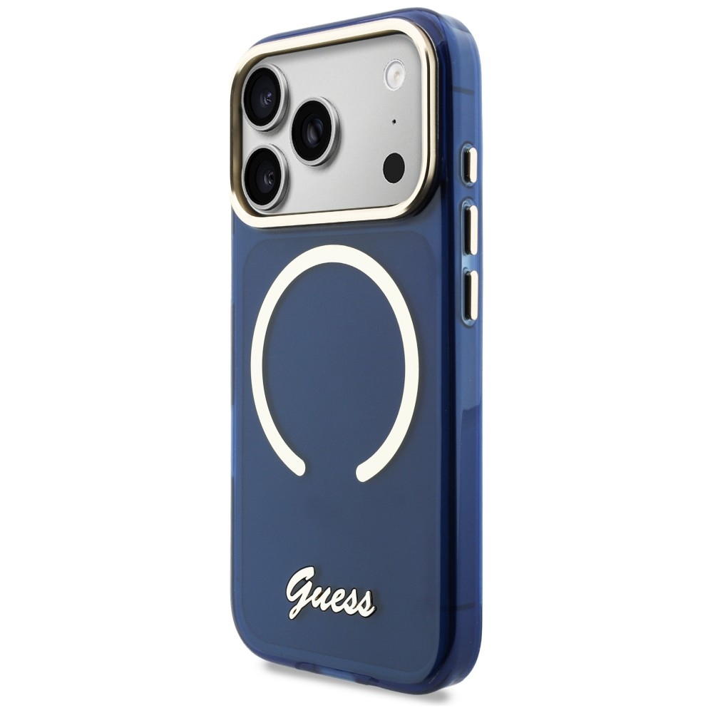 Guess IML Script Metal MagSafe Dėklas, skirtas iPhone 17 Pro - Blue