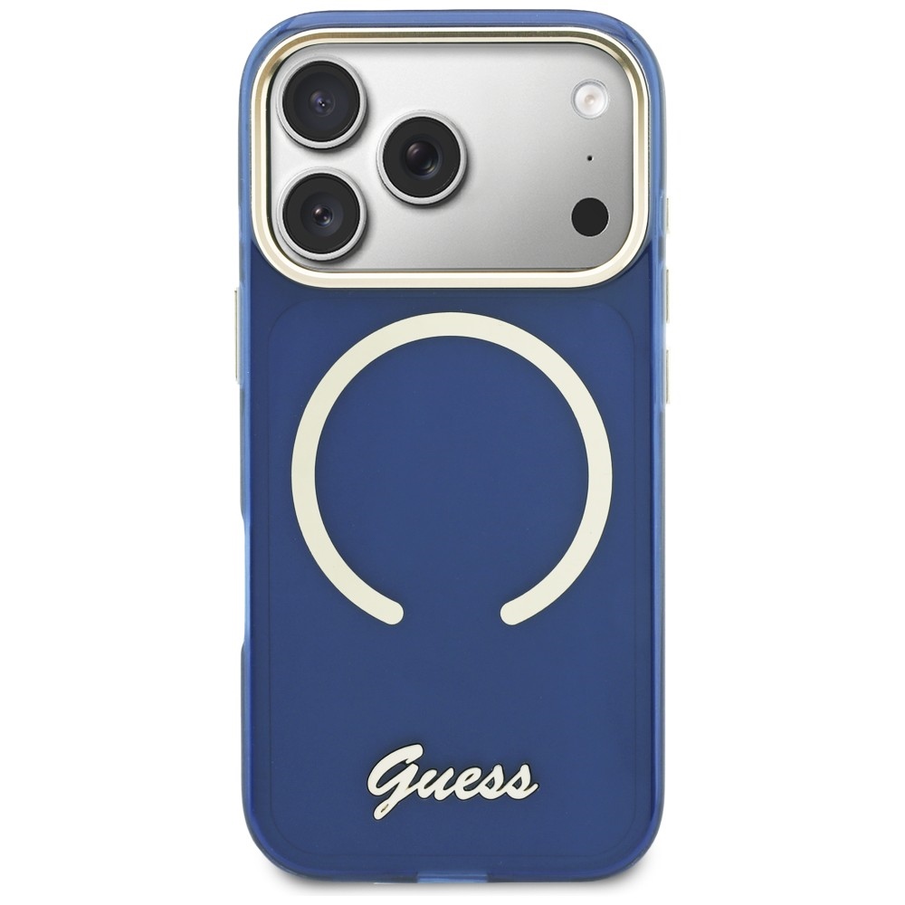 Guess IML Script Metal MagSafe Dėklas, skirtas iPhone 17 Pro - Blue