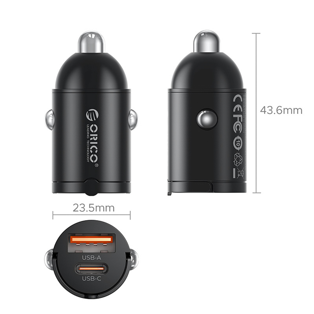 Orico MiniRing 30W USB-A + USB-C Automobilinis Įkroviklis - Juodas