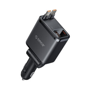 Orico Twin Reach 45W USB-A + USB-C automobilio įkroviklis su dviem atitraukiamais USB-C kabeliais - juodas