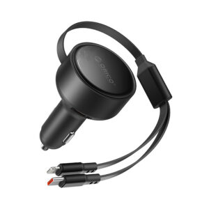 Orico Dual Stretch 60W USB-C automobilio įkroviklis su dviem atitraukiamais USB-C + Lightning kabeliais - juodas