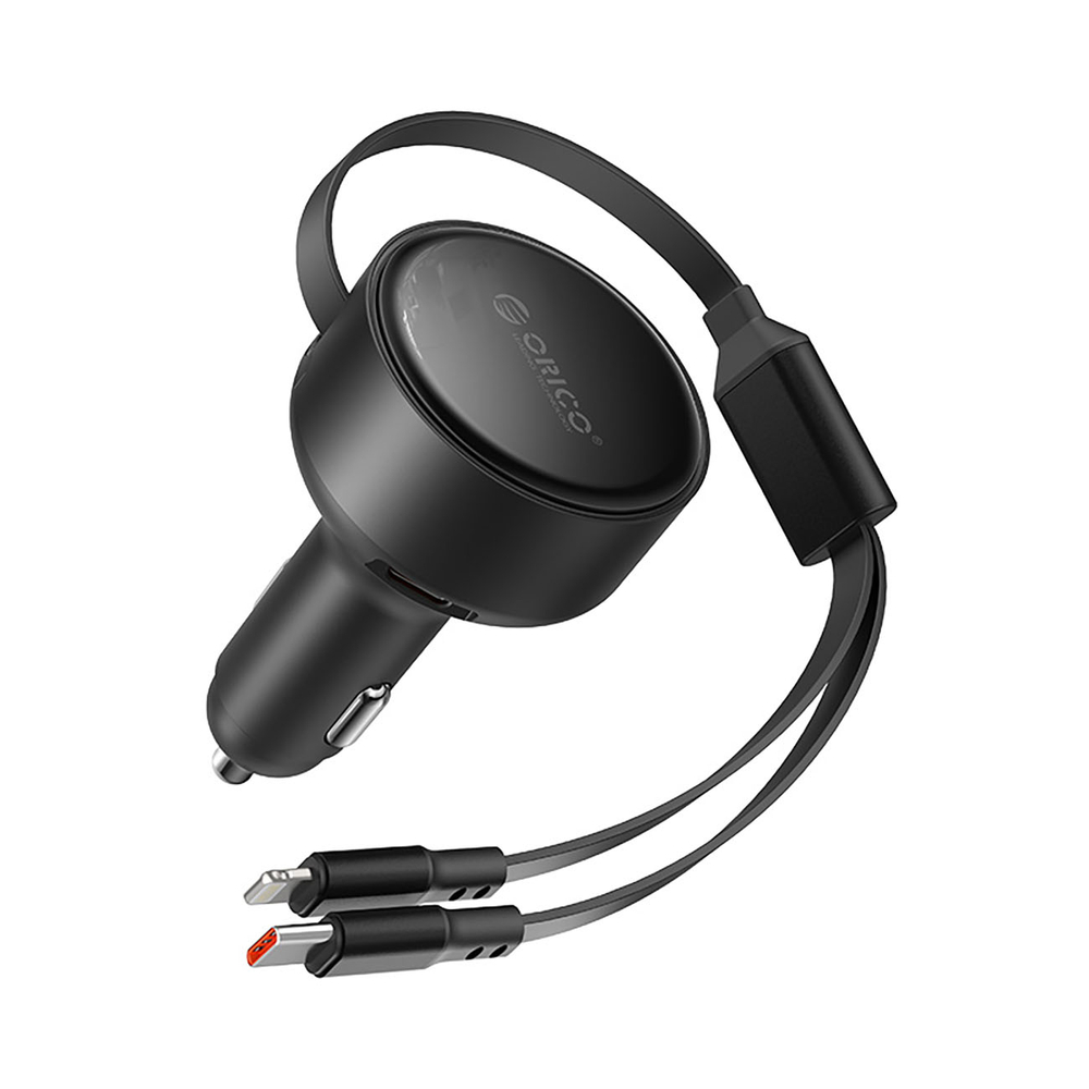 Orico Dual Stretch 60W USB-C automobilio įkroviklis su dviem atitraukiamais USB-C + Lightning kabeliais - juodas