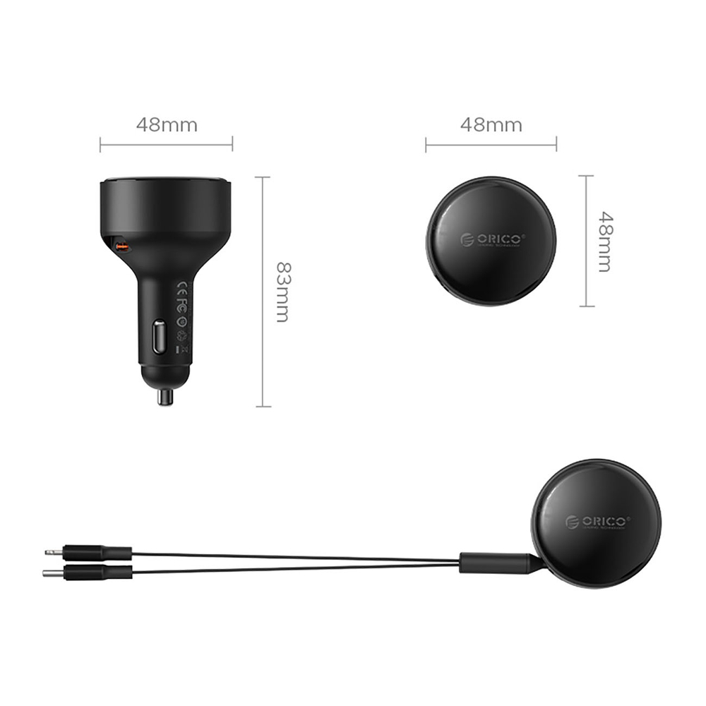 Orico Dual Stretch 60W USB-C automobilio įkroviklis su dviem atitraukiamais USB-C + Lightning kabeliais - juodas