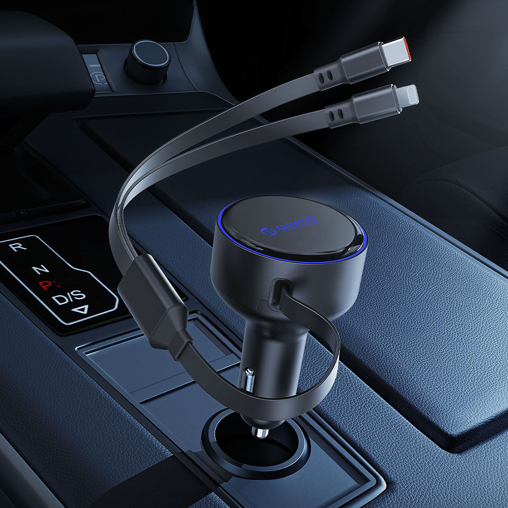 Orico Dual Stretch 60W USB-C automobilio įkroviklis su dviem atitraukiamais USB-C + Lightning kabeliais - juodas