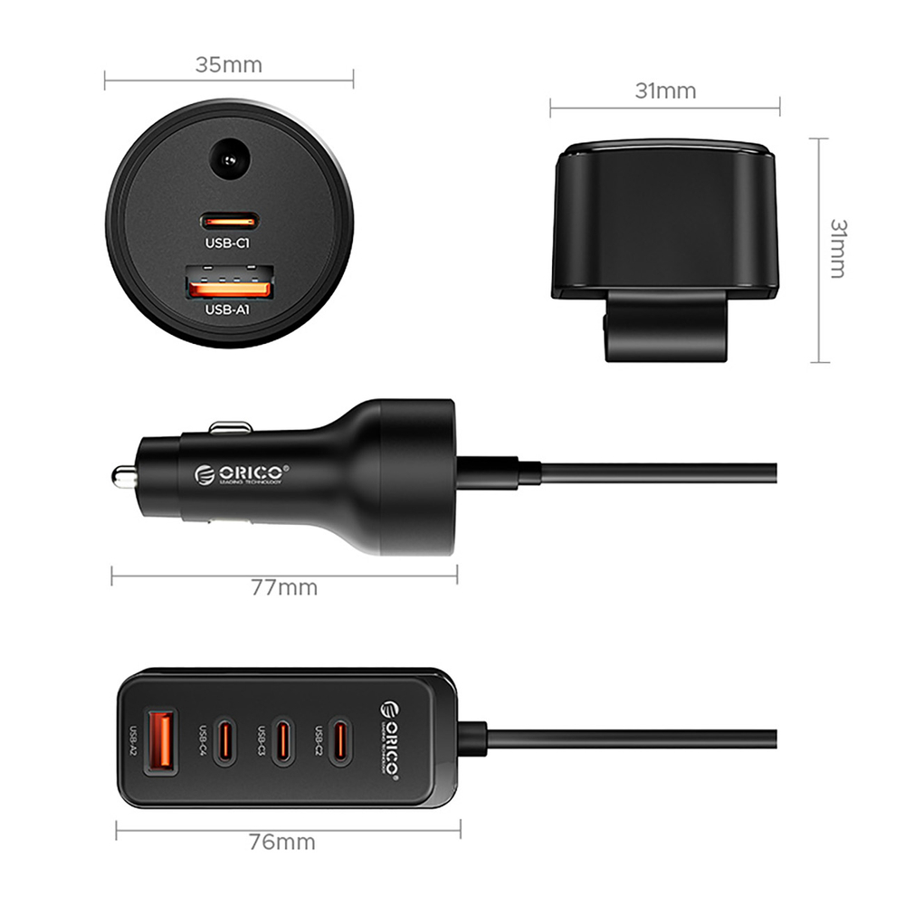 Orico ChargeClip 108W automobilinis įkroviklis 2x USB-A + 4x USB-C su segtuku - juodas