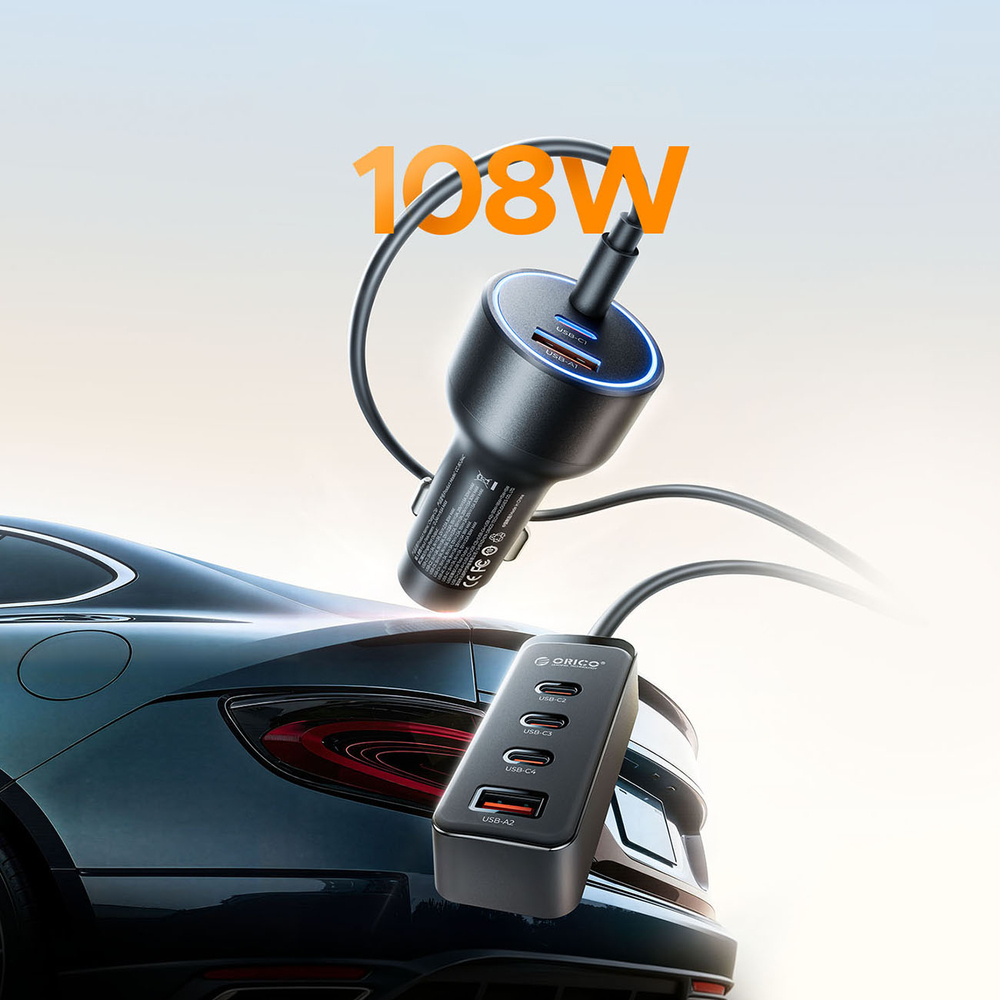 Orico ChargeClip 108W automobilinis įkroviklis 2x USB-A + 4x USB-C su segtuku - juodas