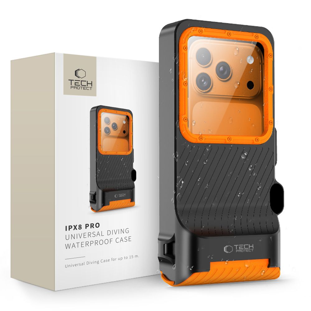 Dėklas Tech-Protect IPX8 Pro, universalus, vandeniui atsparus, juodas/oranžinis