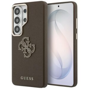 Guess Grained Big 4G Metalinis logotipo dėklas, skirtas Samsung Galaxy S26 Ultra – rudas