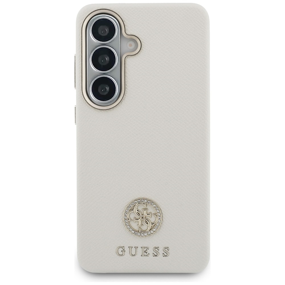 Guess Rhinestone Round Logo MagSafe dėklas, skirtas Samsung Galaxy S26 - smėlio spalvos