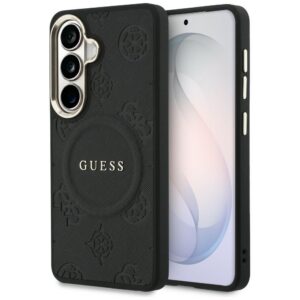 Guess Saffiano Peony Reljefinis žiedas MagSafe dėklas, skirtas Samsung Galaxy S26 - juodas