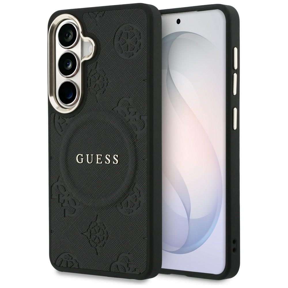 Guess Saffiano Peony Reljefinis žiedas MagSafe dėklas, skirtas Samsung Galaxy S26 - juodas
