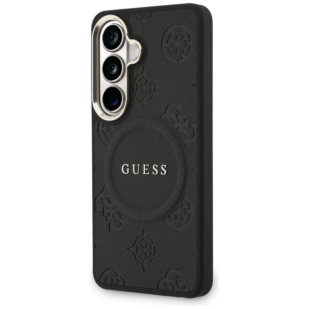 Guess Saffiano Peony Reljefinis žiedas MagSafe dėklas, skirtas Samsung Galaxy S26 - juodas