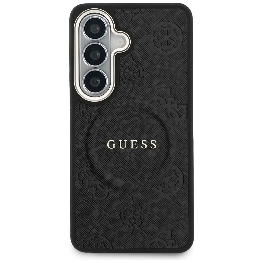 Guess Saffiano Peony Reljefinis žiedas MagSafe dėklas, skirtas Samsung Galaxy S26 - juodas