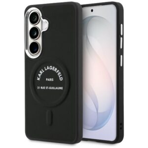 Karlo Lagerfeldo reljefinis žiedas RSG Logo MagSafe dėklas, skirtas Samsung Galaxy S26 - juodas