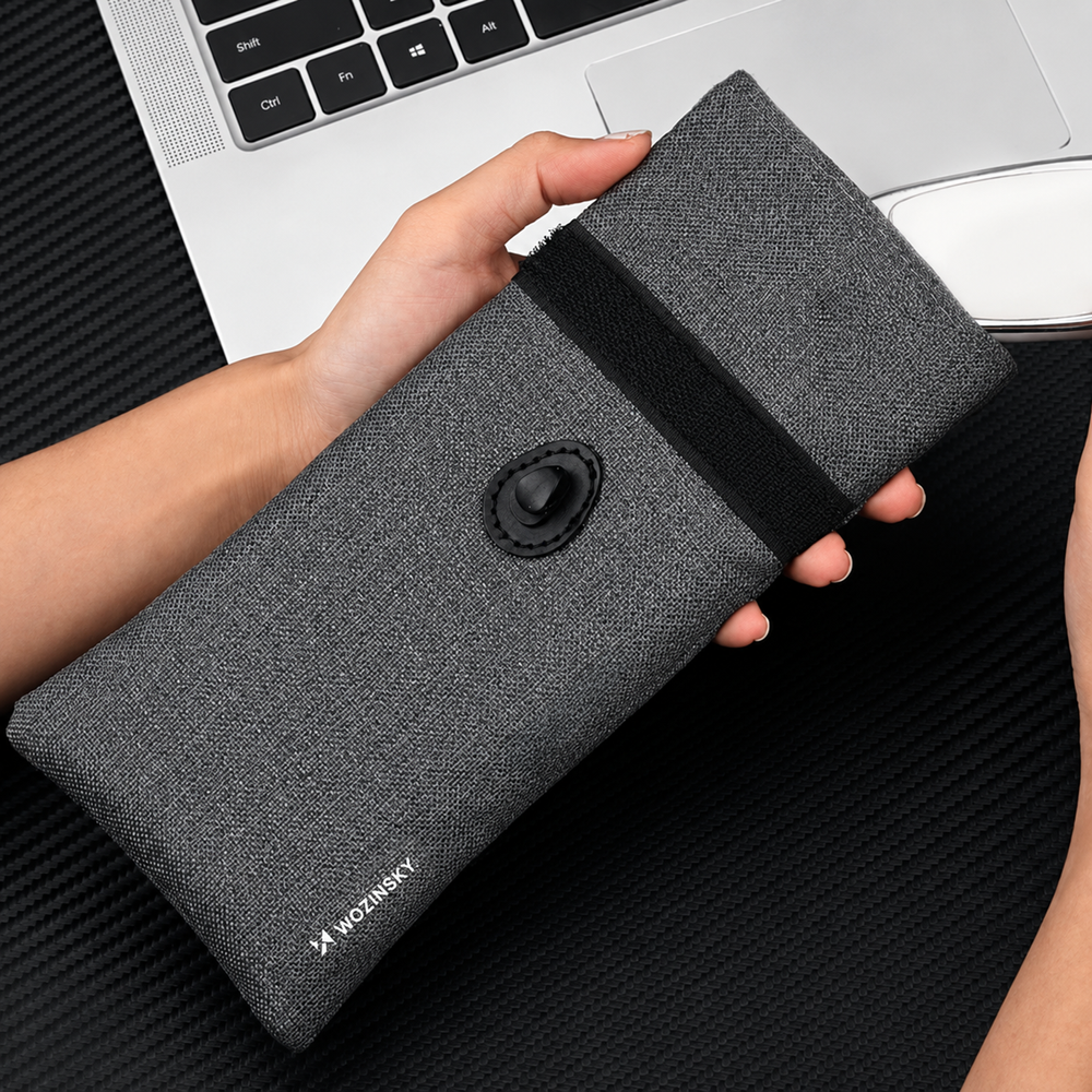 Wozinsky WPB-R12 RFID apsaugos telefoninė dėžutė su atlenkiama nugarėle ir virve 21,5x12 cm - pilka