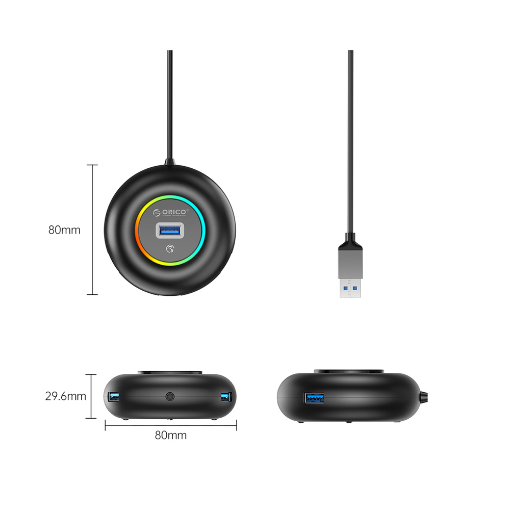 Orico YXR4-U3 RGB USB Hub 4 prievadų USB-A 3.0 su audio/mikrofoniniais prievadais 1.8m - Juoda