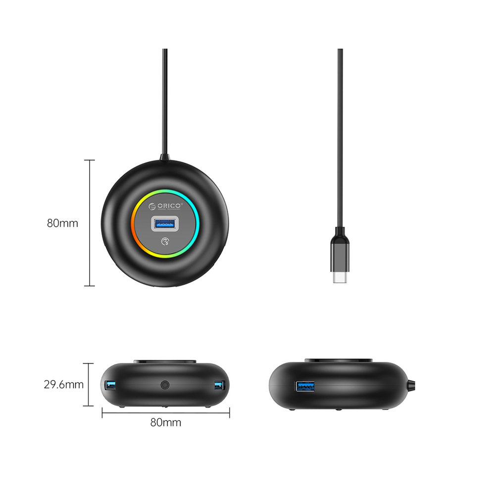 Orico YXR4-C3 RGB USB Hub 4 prievadų USB-A 3.0 su audio/mikrofoniniais prievadais 0.3m - Juoda