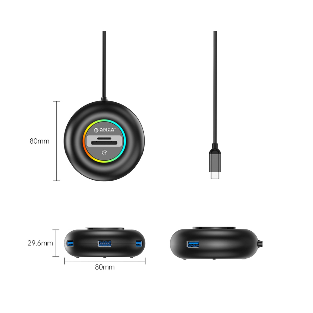 Orico YXR5-C3 RGB USB Hub 4 prievadų USB-A 3.0 su SD ir microSD skaitytuvu 1,8 m – Juoda
