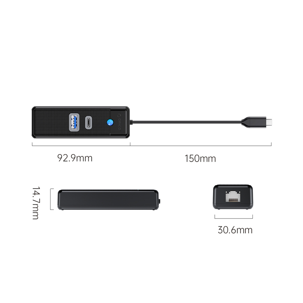 Orico PWCUR-C3 3 prievadų USB hub 1x USB-A 3.0 1x USB-C 3.0 1x RJ45 Gigabit Ethernet 0.15 m - juoda