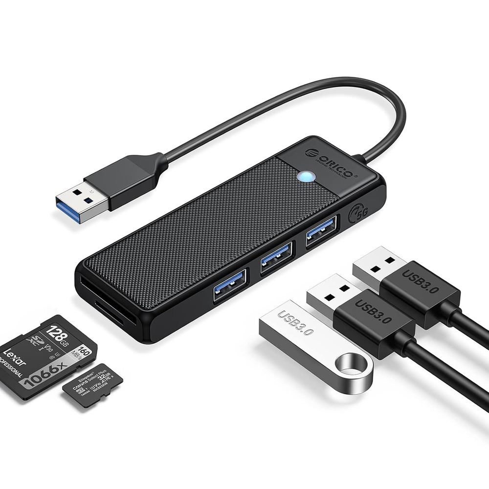Orico PAPW3AT-U3 USB šakotuvas, 4 prievadai, 3x USB-A 3.0 su microSD/SD skaitytuvu, 1 m - juodas