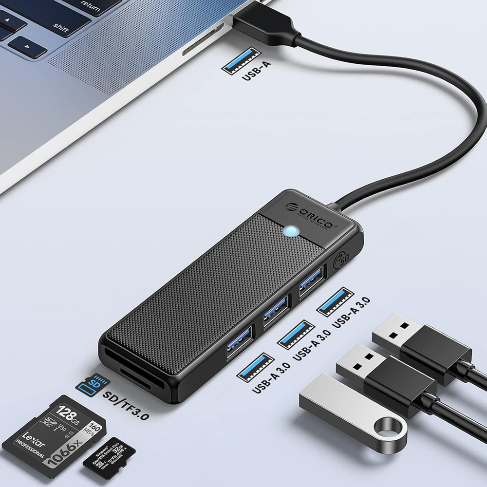 Orico PAPW3AT-U3 USB šakotuvas, 4 prievadai, 3x USB-A 3.0 su microSD/SD skaitytuvu, 1 m - juodas