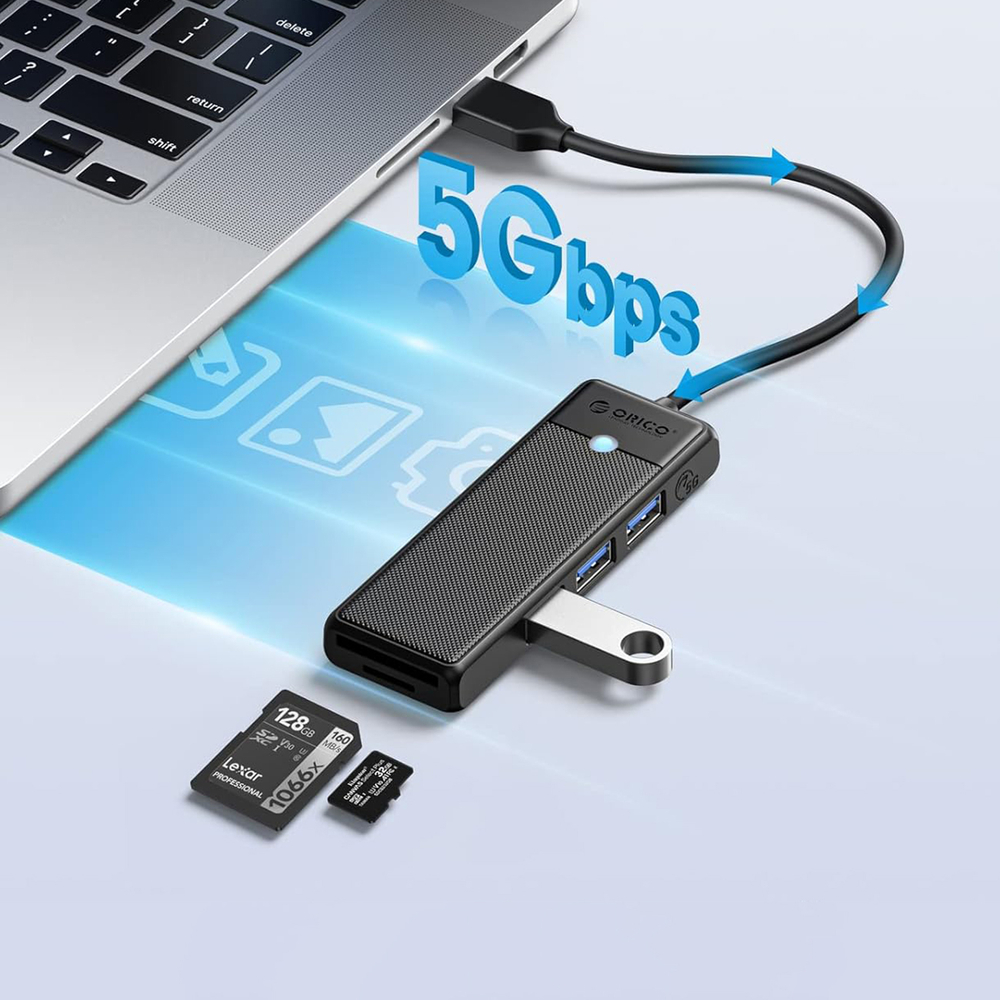 Orico PAPW3AT-U3 USB šakotuvas, 4 prievadai, 3x USB-A 3.0 su microSD/SD skaitytuvu, 1 m - juodas