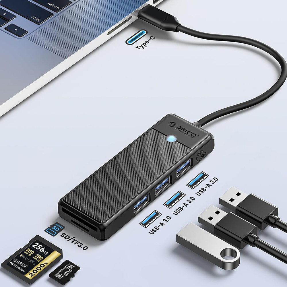 Orico PAPW3AT-C3 USB šakotuvas, 4 prievadai, 3x USB-A 3.0 su microSD/SD skaitytuvu, 1.8 m - juodas