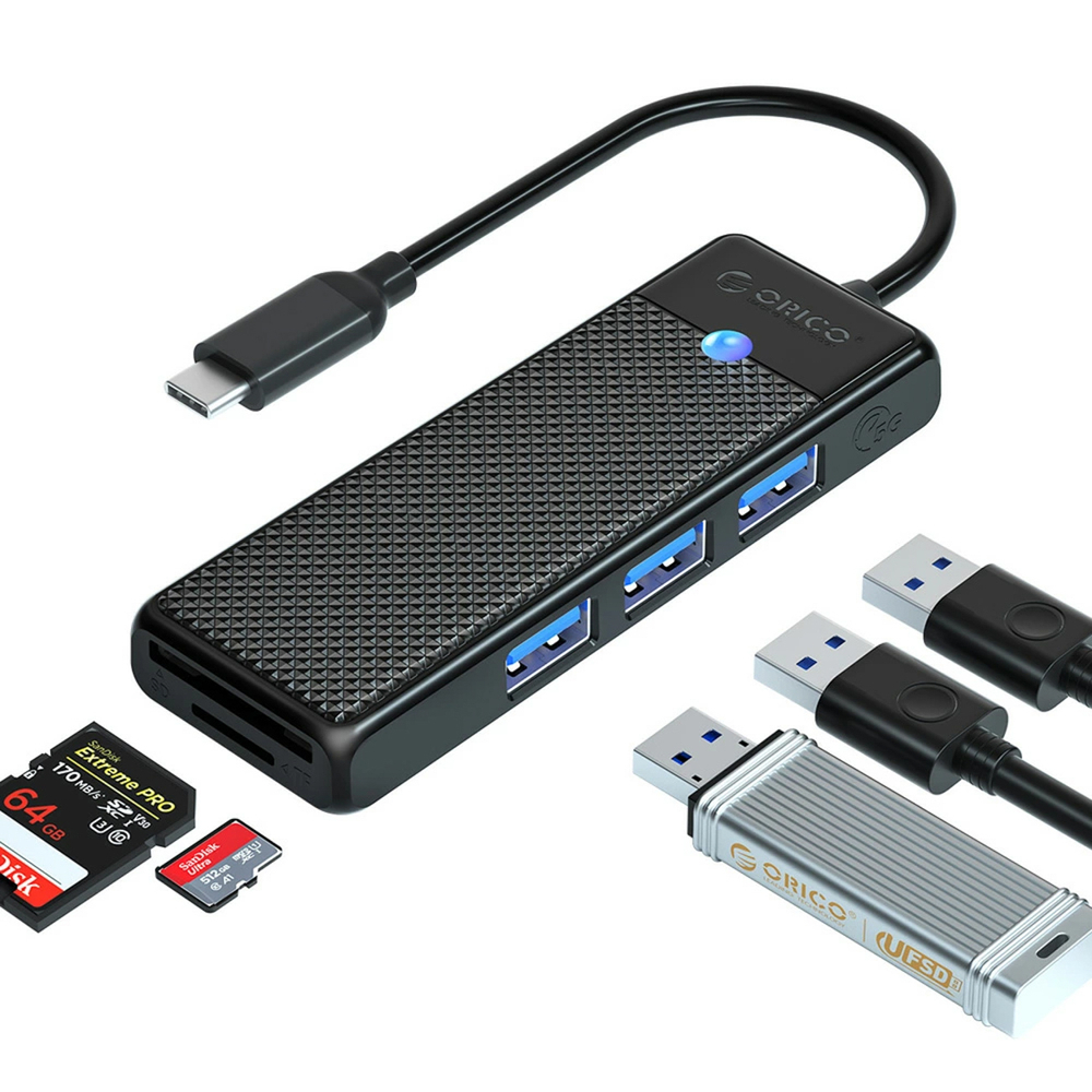 Orico PAPW3AT-C3 USB šakotuvas, 4 prievadai, 3x USB-A 3.0 su microSD/SD skaitytuvu, 1 m - juodas