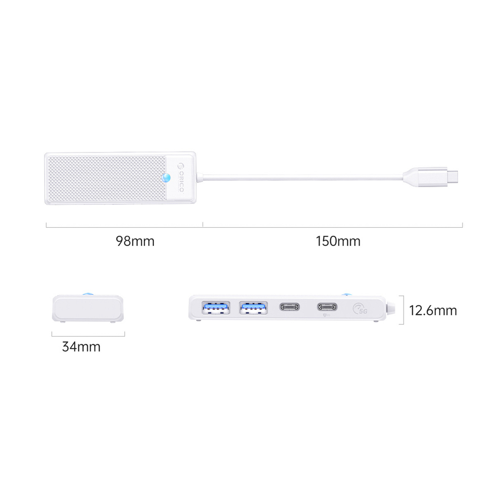 Orico PAPW2AC-C3 USB Hub 4 prievadų 2x USB-A 3.0 1x USB-C 3.0 su USB-C PD 100W 0.15m - baltas