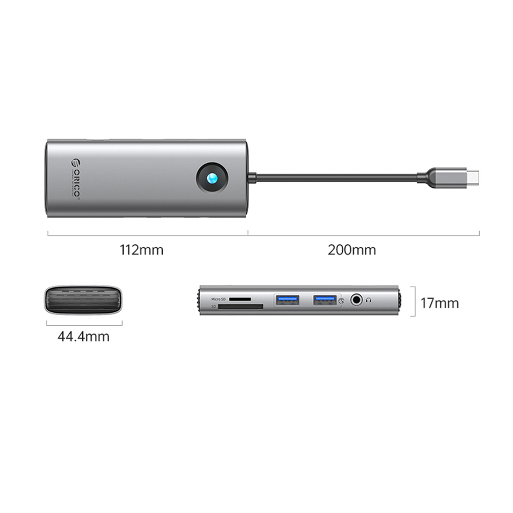Orico PW11 8in1 USB-C dokavimo stotis 2x USB-A 3.0 1x USB-C PD 100W 1x HDMI 4K 60Hz 1x microSD/SD 1x RJ45 Gigabit Ethernet 1x Audio 3.5mm - Pilka