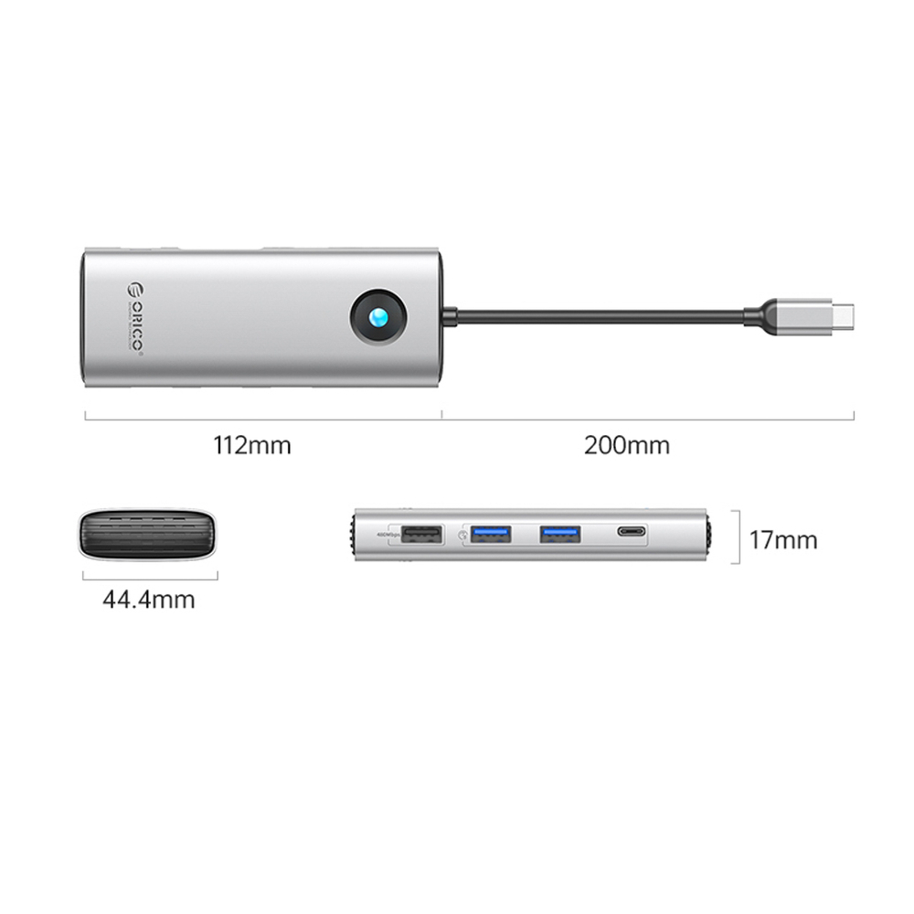 Orico PW11 8in1 USB-C dokavimo stotis 2x USB-A 3.0 1x USB-A 2.0 1x USB-C 3.0 1x USB-C PD 100W 1x HDMI 4K 60Hz 1x VGA 1080P 60Hz 1x RJ45 Gigabit Ethernet - Sidabrinė