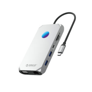 Orico XCR 12in1 RGB USB-C Dokavimo stotis 3x USB-A 3.1 1x USB-A 2.0 1x USB-C PD 100 W 1x USB-C 3.1 1x HDMI 1.4 4K 30Hz 1x VGA 1080p 1x microSD/SD 3.0 1x RJ Gigabit Ethernet 1x Audio CTIA 3.5 mm - Sidabrinė